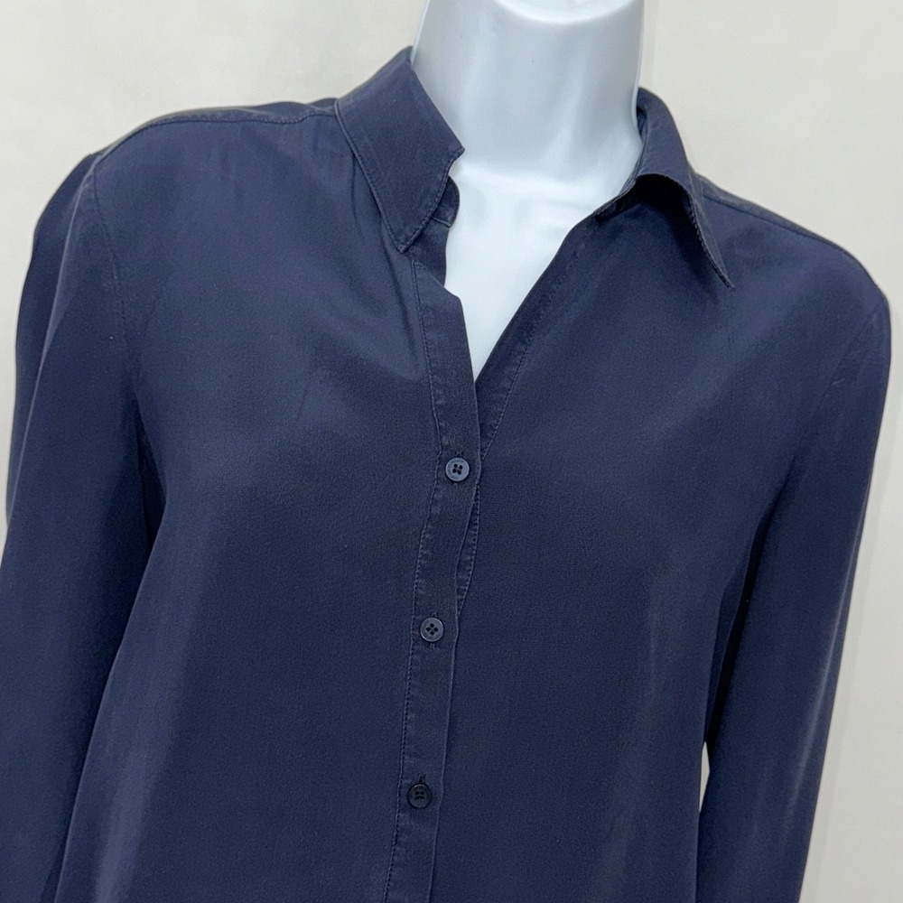 Antonio Melani Navy Blue 100% Silk Tie Front Button Down Blouse XS Long Sleeve